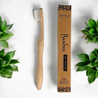 A bamboo toothbrush with light natural bristles stands upright next to its brown kraft paper packaging box, styled with green succulent plants on a white background.