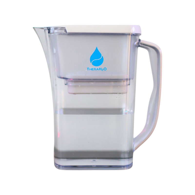 Clear water pitcher with a blue logo on a white background