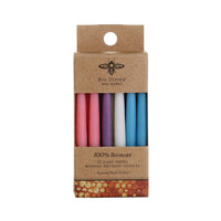 Pack of 12 hand-dipped beeswax birthday candles in assorted pastel colors with Big Dipper Wax Works packaging.