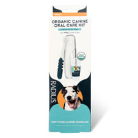 Organic canine oral care kit packaging with a dogbrush on a white background