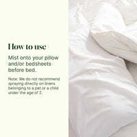 White pillow and bedding with text on how to use a product, likely a spray, on linens.