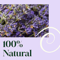 Close-up of lavender flowers with '100% Natural' text on a light purple background