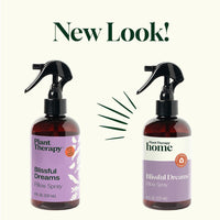 Two bottles of Plant Therapy Blissful Dreams Pillow Spray on a white background with 'New Look!' text.