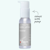 Body lotion bottle with pump labeled 'plaine products' on a white background