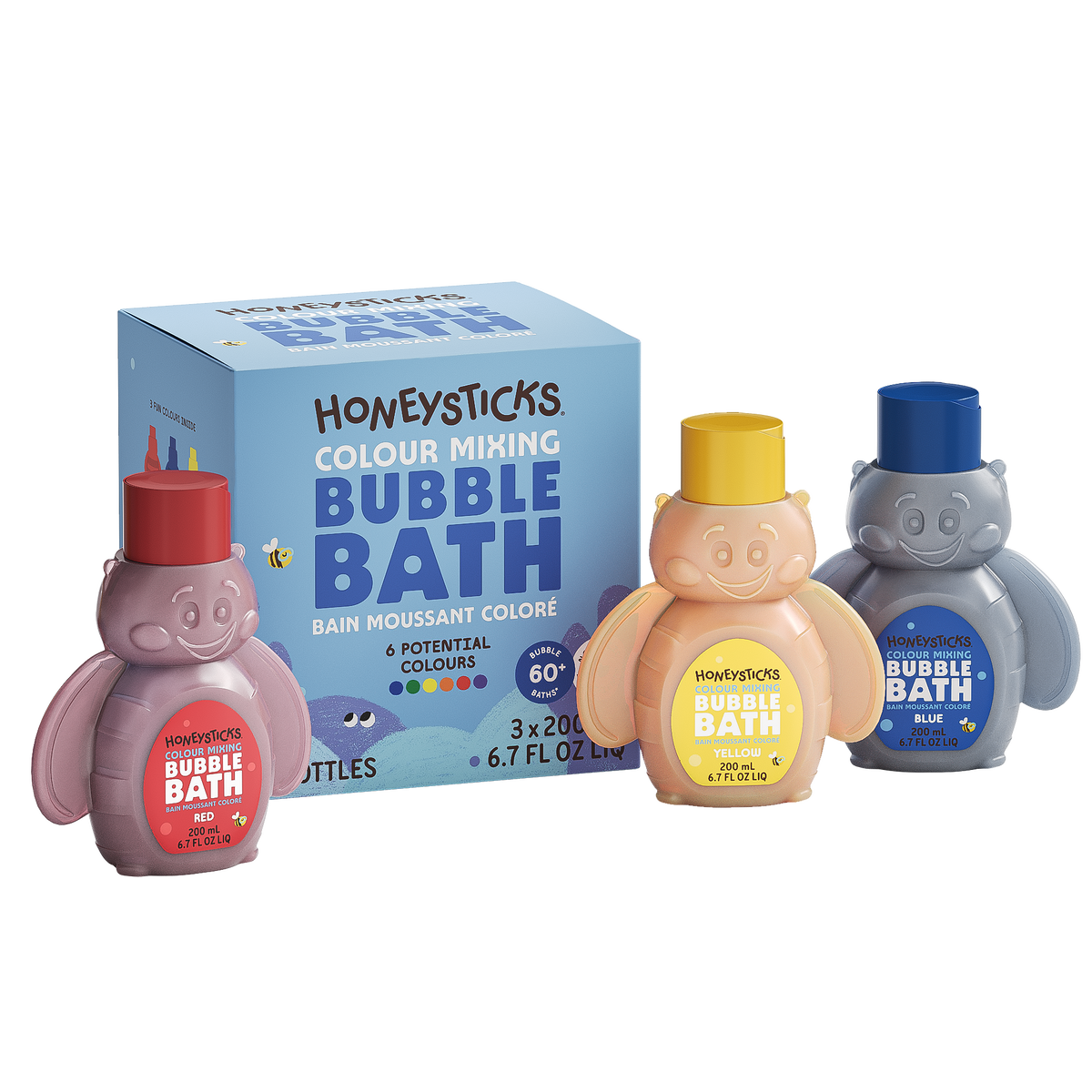 Honeysticks bubble bath bottles with a color mixing kit on a white background Main image