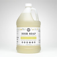 Gallon jug of dish soap with a label on a white background