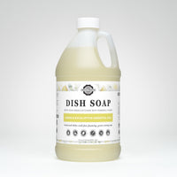 Gallon jug of dish soap with a label on a white background
