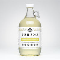 Bottle of dish soap with a label on a white background