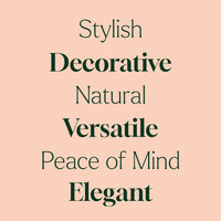 Text on a pink background describing qualities like stylish, decorative, natural, versatile, peace of mind, and elegant.