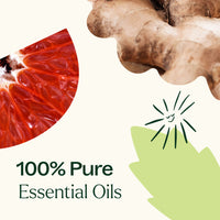 Ginger root, grapefruit slice, and green leaf with '100% Pure Essential Oils' text on a white background.