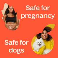 Two women, one with a baby bump and another with a dog, on an orange background with text 'Safe for pregnancy' and 'Safe for dogs'.