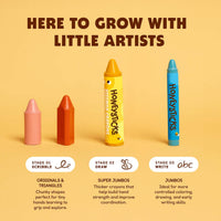 Set of HoneySticks crayons with stages for children's development on a yellow background