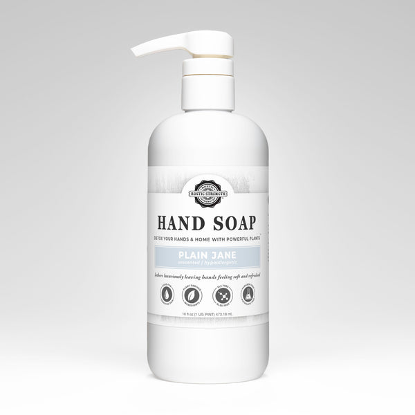 Hand soap bottle with pump on a gray background