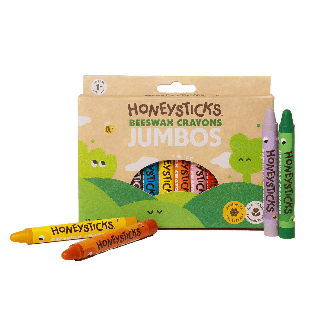 Honeysticks Beeswax Crayons Jumbos packaging with crayons displayed in front on a white background Main image