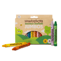 Honeysticks Beeswax Crayons Jumbos packaging with crayons displayed in front on a white background