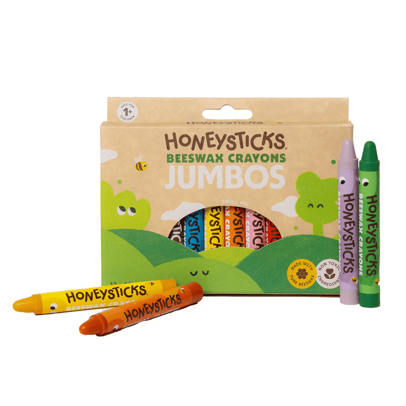 Honeysticks Beeswax Crayons Jumbos packaging with crayons displayed in front on a white background