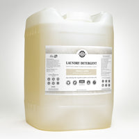 Large container of laundry detergent with a label on a white background