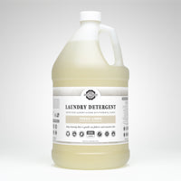 Gallon bottle of laundry detergent with a label on a white background