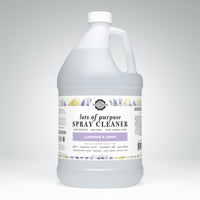 Gallon bottle of 'lots of purpose' spray cleaner with lavender and lemon scent on a white background