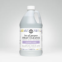 Gallon bottle of 'lots of purpose' spray cleaner with lavender and lemon scent on a white background