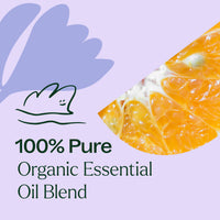 100% Pure Organic Essential Oil Blend label with an orange slice on a purple background