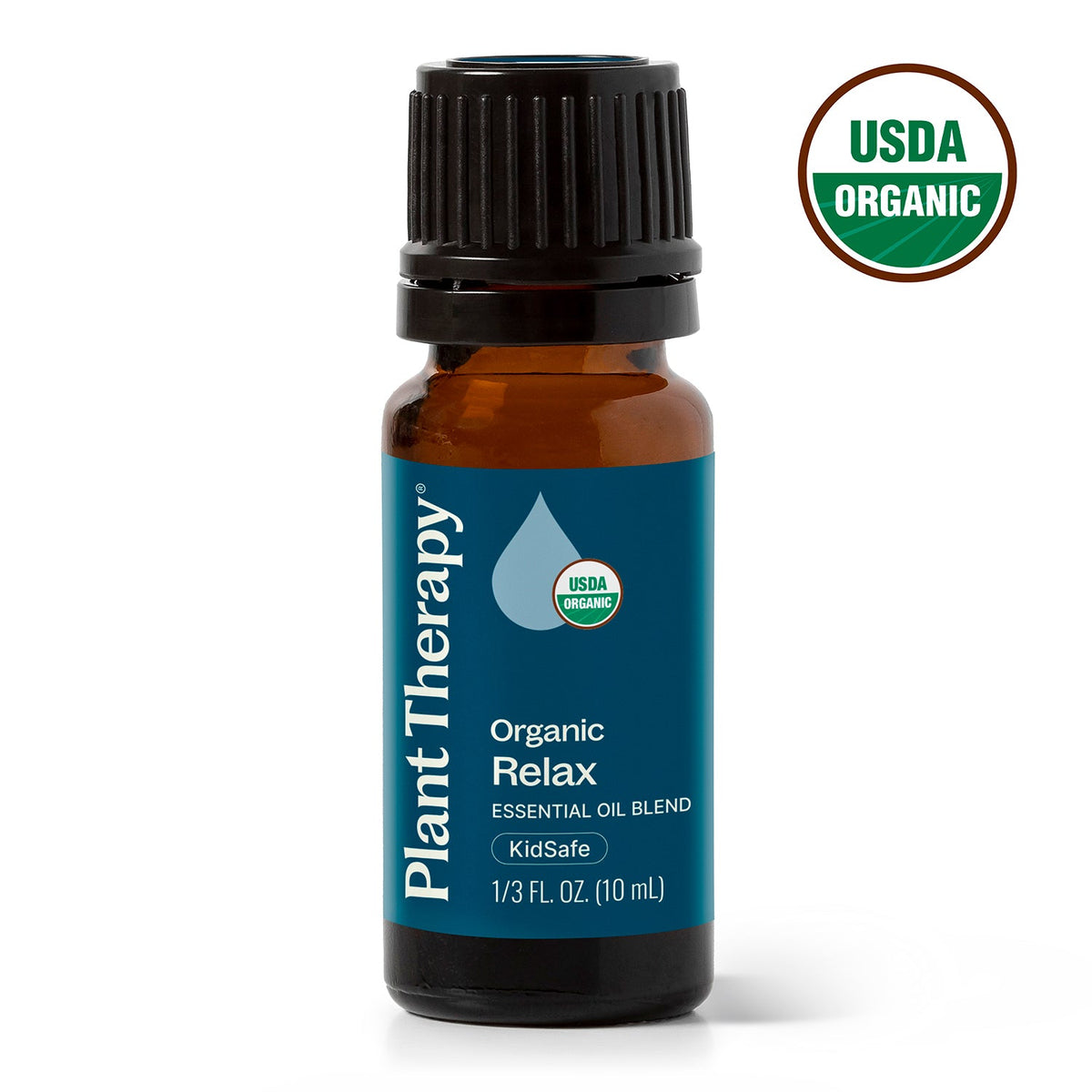 Plant Therapy Organic Relax essential oil blend in a 10 mL amber glass bottle with a black cap and blue label, shown on a white background with a USDA Organic seal in the top right. Main image