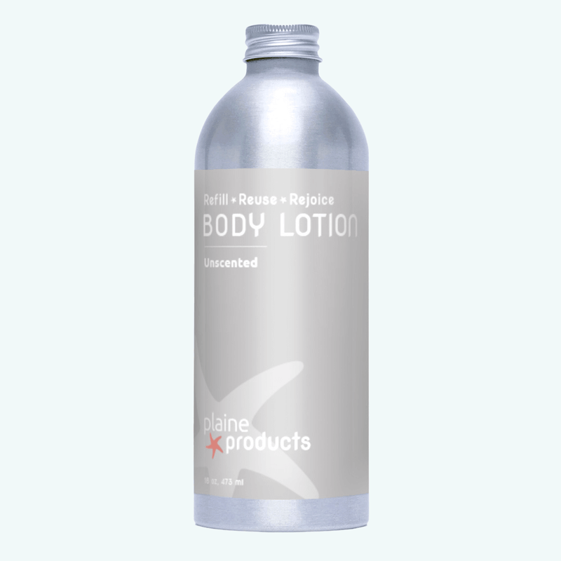 Body lotion bottle with 'plaine products' branding on a white background