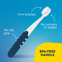 Children's toothbrush with features highlighted on a blue background