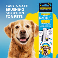 Dog with RADIUS pet oral care kit packaging on a blue and yellow background