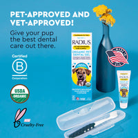 RADIUS Organic Pet Dental Gel for dogs and cats, shown with its box, tube, and clear storage case on a bright blue background. The image includes promotional text, certification logos (B Corporation, USDA Organic, PETA Cruelty-Free), and a vase of yellow flowers.