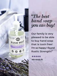 Hand soap bottle with lavender fields label on a surface with lavender flowers, and a customer review quote.