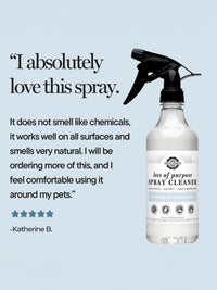 White spray bottle with black nozzle on a light blue background, featuring a five-star review.