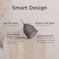 Menstrual cup with features highlighted on a neutral background