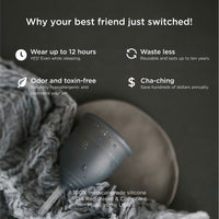 Product with text highlighting features on a dark background