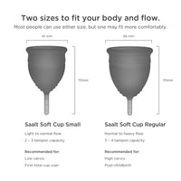 Measurement chart for Saalt Soft Cup Small and Regular sizes on a white background