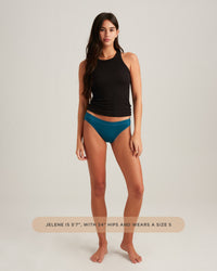 Woman wearing a black tank top and teal bikini bottom on a plain background