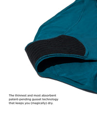 Close-up of teal fabric with black gusset technology on a white background