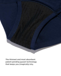 Close-up of a product with text about gusset technology on a white background