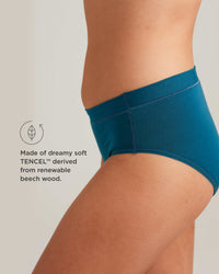 Teal underwear worn by a person on a light gray background with TENCEL branding.