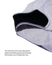Close-up of a product with text about gusset technology on a white background