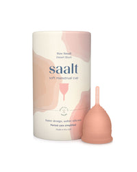 Menstrual cup with packaging labeled 'saalt' on a white background