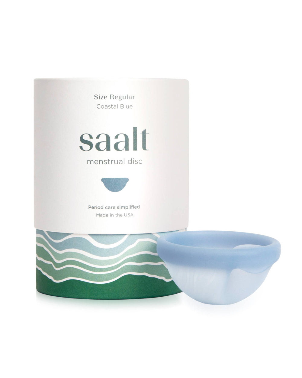 Saalt menstrual disc in Coastal Blue shown next to its white and green packaging container on a clean white background.