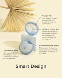Product with features highlighted on a beige background