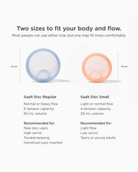Comparison of Saalt Disc Regular and Saalt Disc Small menstrual cups with size measurements and flow recommendations.