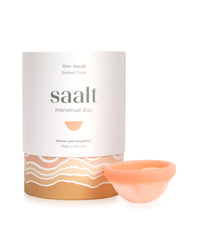 saalt menstrual disc packaging with a pink disc on a white background
