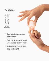 Product being held by hands with text about its uses on a white background
