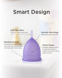 Purple menstrual cup with features highlighted on a white background