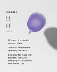 Purple menstrual cup with text on a light gray background