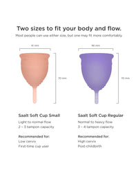 Two menstrual cups with measurements and size information on a white background