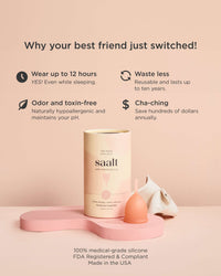 Product packaging with text highlighting features on a pink background
